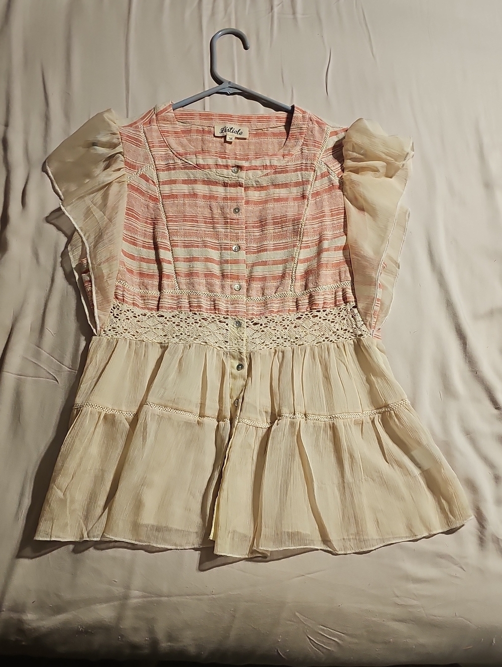 Listicle Cream and Coral Striped Ruffle-Sleeve Button Front Blouse